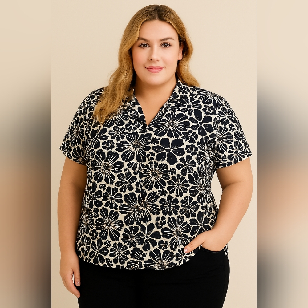 Coconut Cafe Plus Size Black and White Floral Button Down Shirt